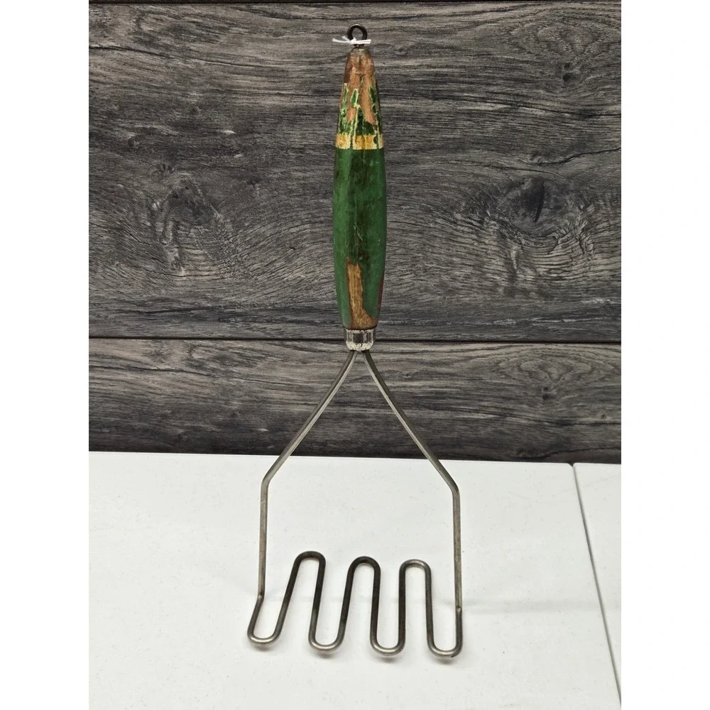 Vintage Potato Masher Green Painted Wood Handle Primitive Kitchen Tool Rustic